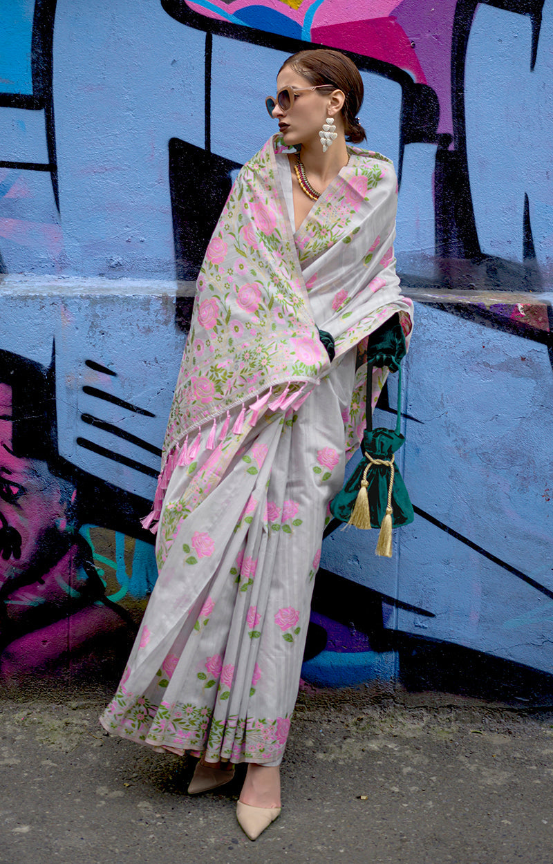 Monjolika Fashion Handloom Weaving Ethnic Saree In Grey | Grocsy