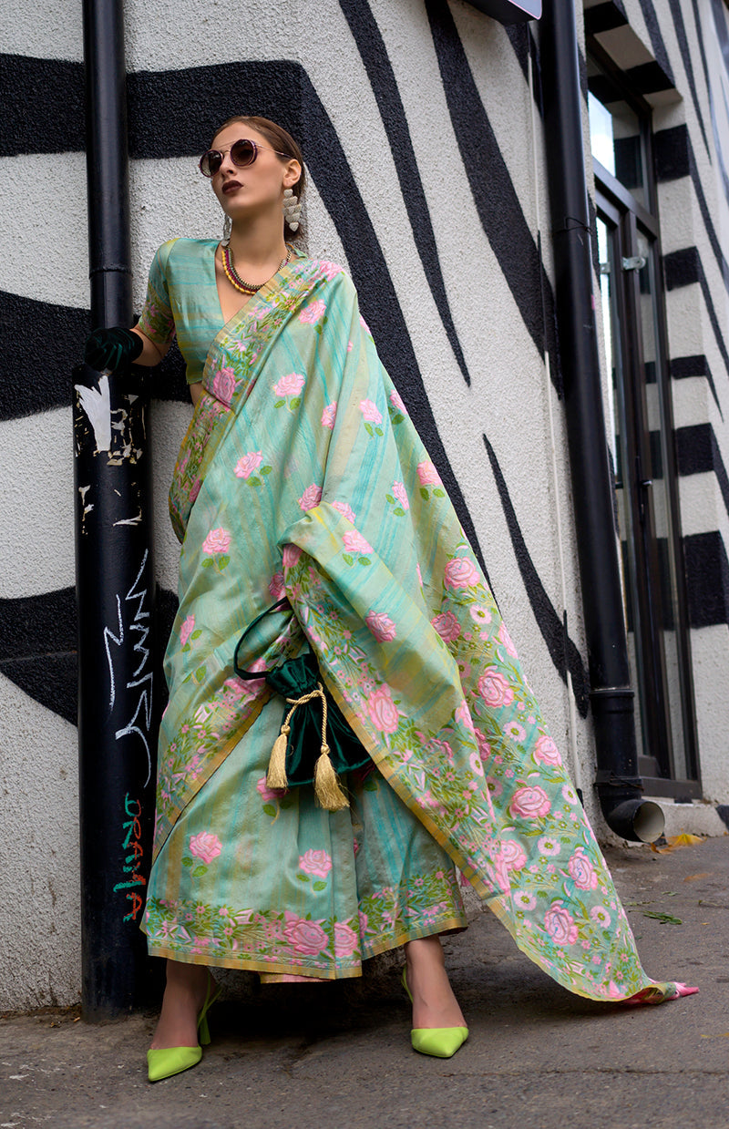 Monjolika Fashion Handloom Weaving Ethnic Saree In Sea Green | Grocsy