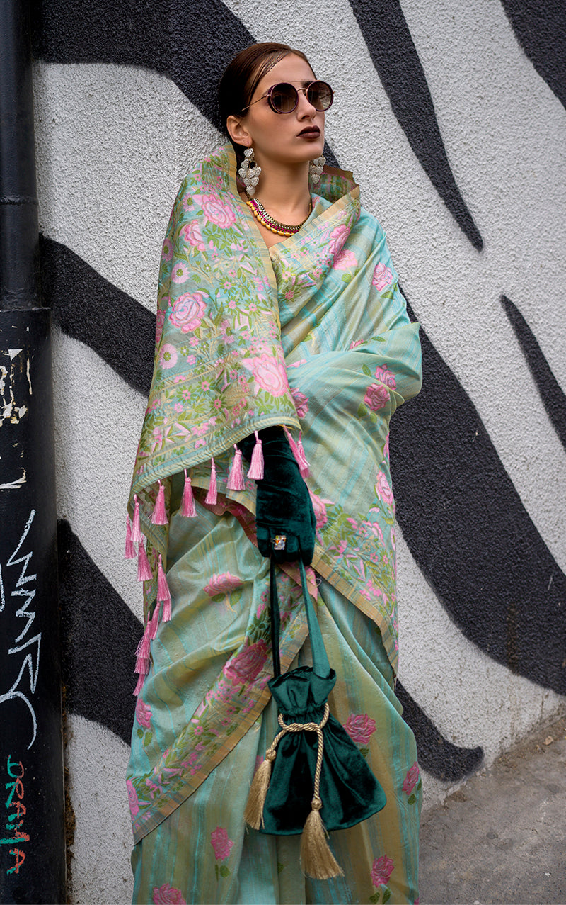 Monjolika Fashion Handloom Weaving Ethnic Saree In Sea Green | Grocsy