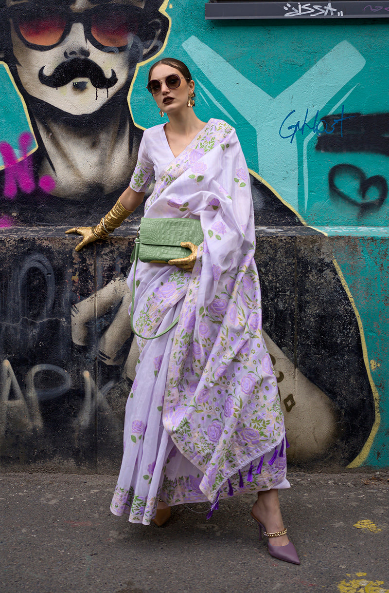 Monjolika Fashion Handloom Weaving Ethnic Saree In Lavender | Grocsy