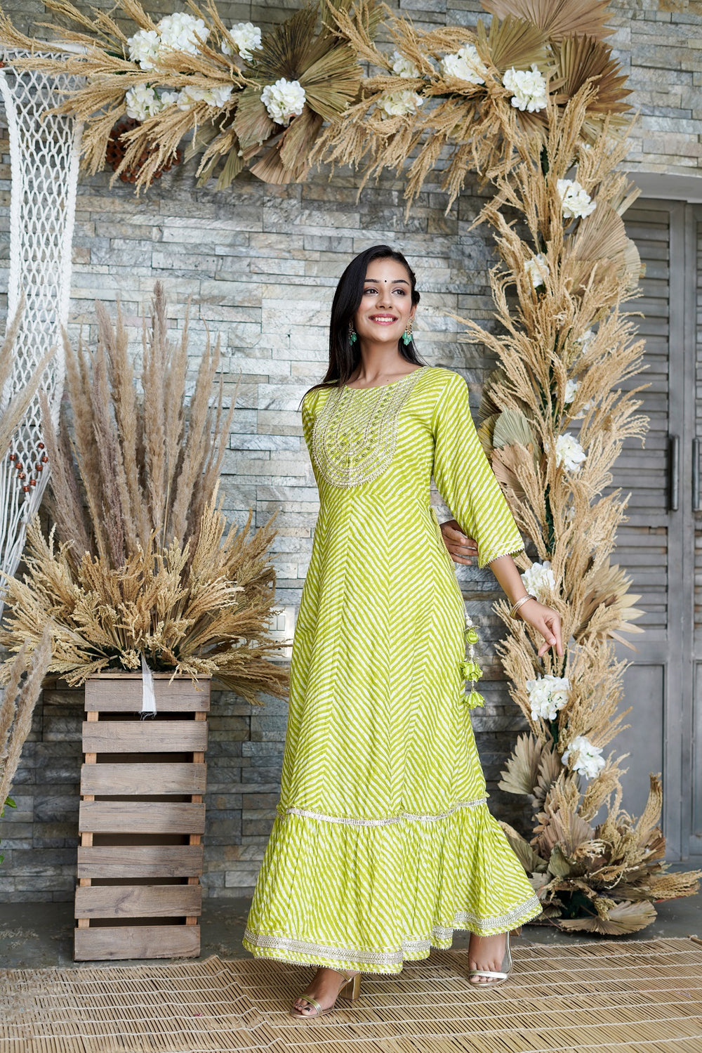 Juniper Women's Green Printed Flared Cotton Cambric Dress | Grocsy