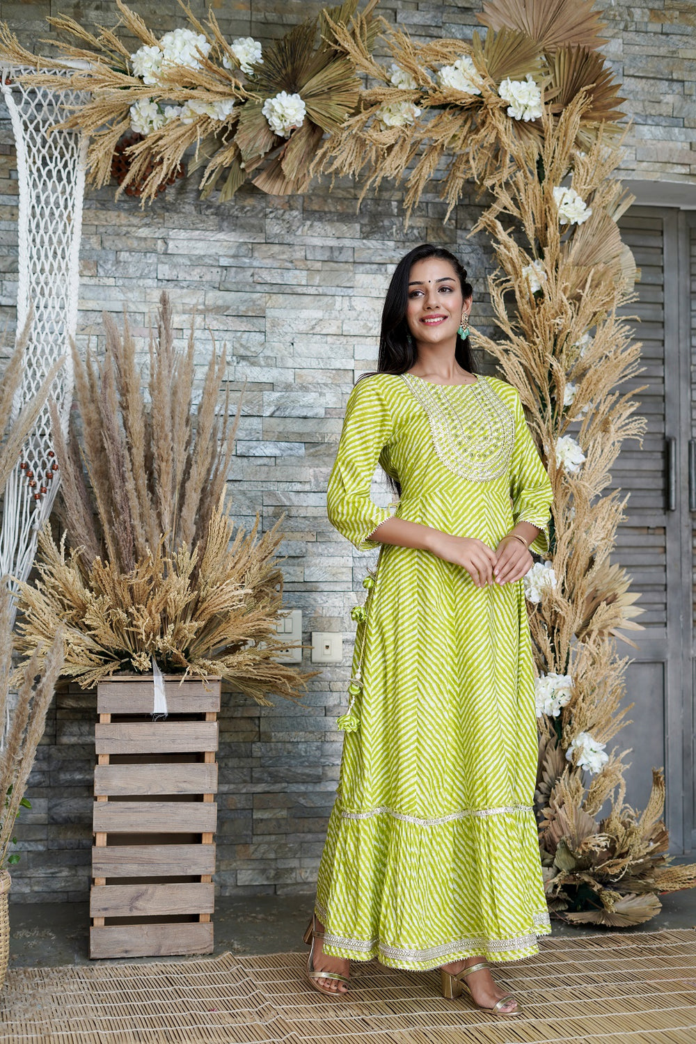Juniper Women's Green Printed Flared Cotton Cambric Dress | Grocsy