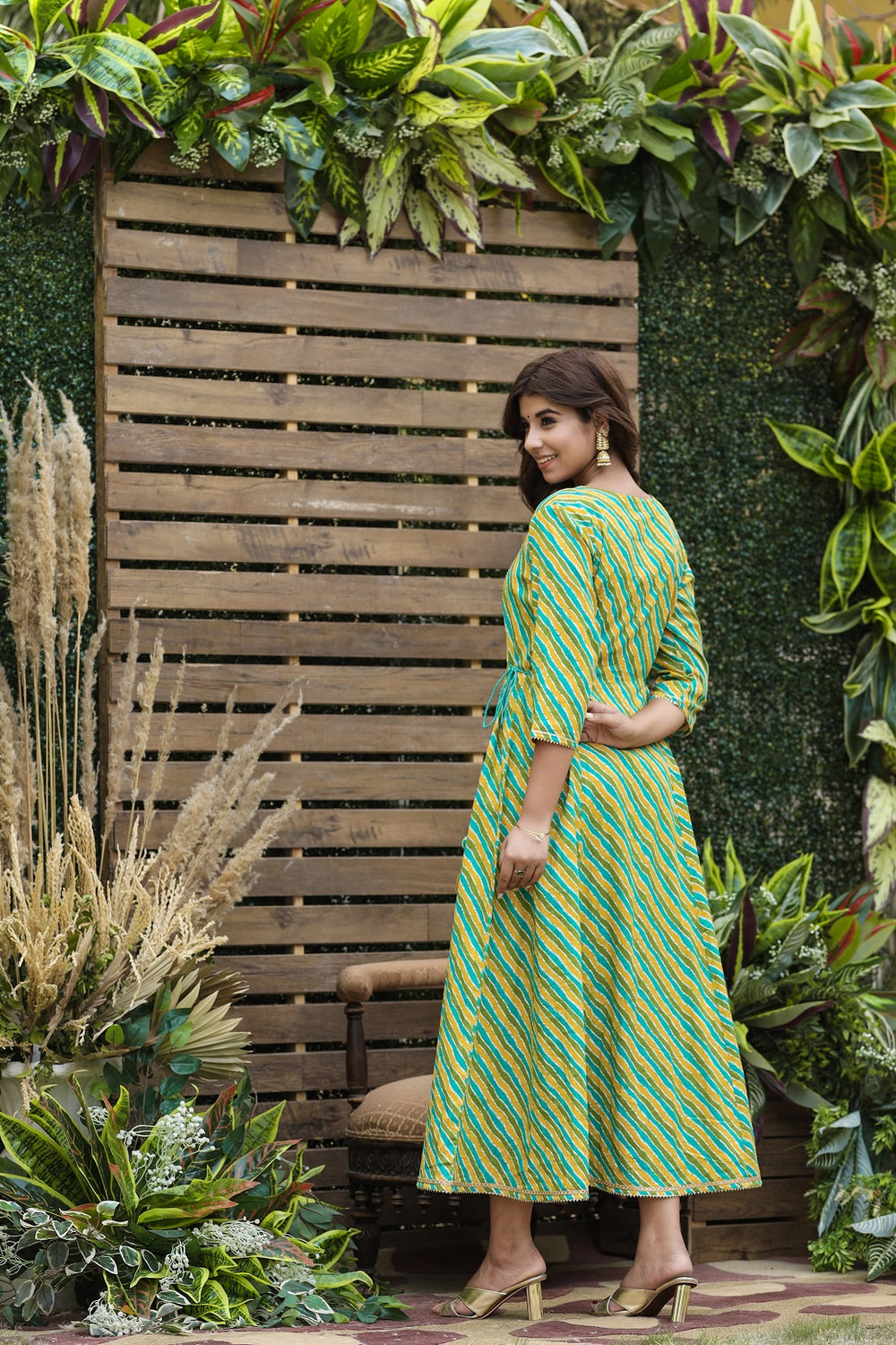 Juniper Women's Cotton Cambric Green Printed Flared Festive Long Dress | Grocsy