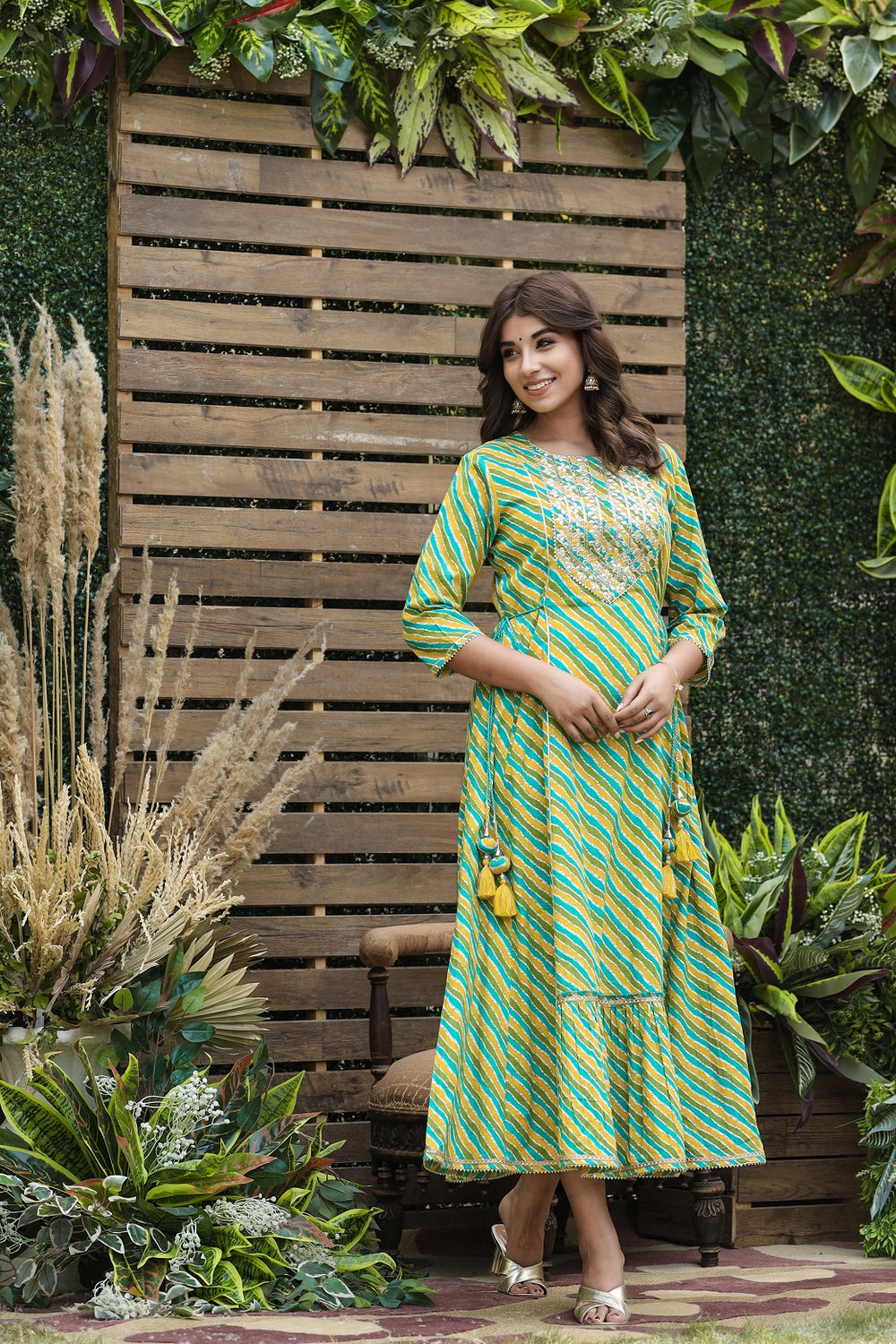 Juniper Women's Cotton Cambric Green Printed Flared Festive Long Dress | Grocsy