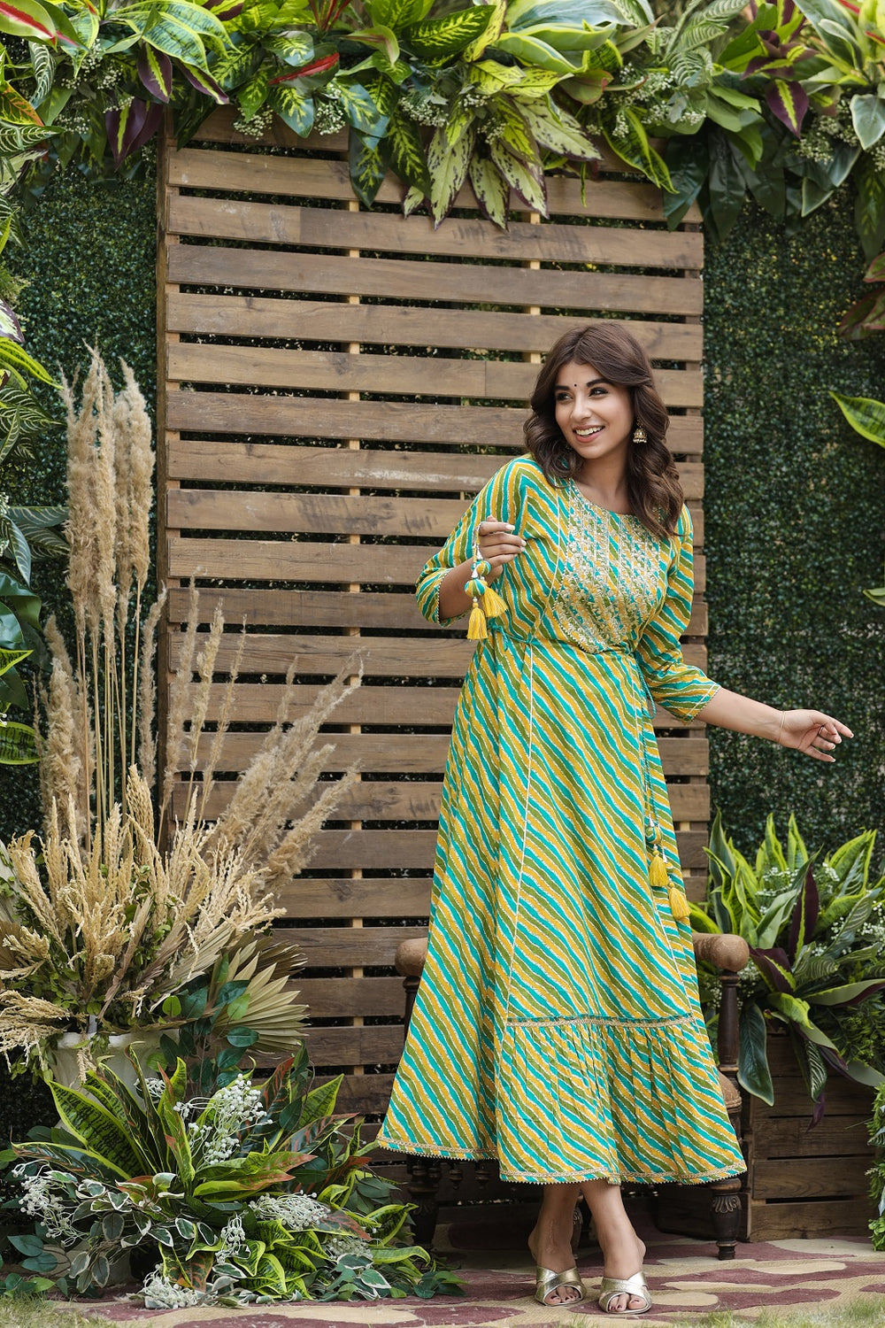 Juniper Women's Cotton Cambric Green Printed Flared Festive Long Dress | Grocsy