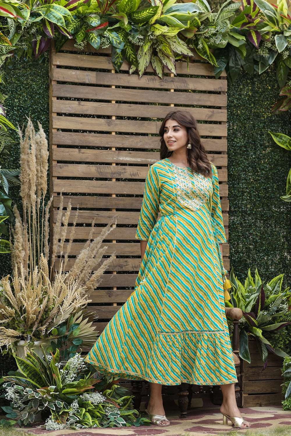 Juniper Women's Cotton Cambric Green Printed Flared Festive Long Dress | Grocsy