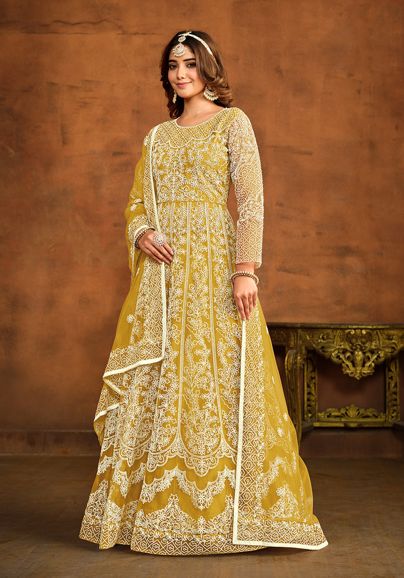 Monjolika Fashion Yellow Net Ceremonial Floor Length Salwar Kameez | Grocsy