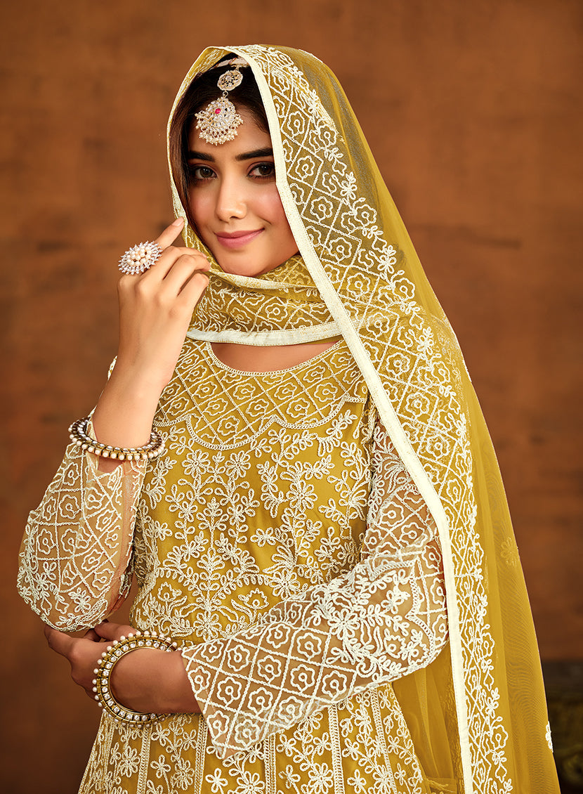 Monjolika Fashion Yellow Net Ceremonial Floor Length Salwar Kameez | Grocsy