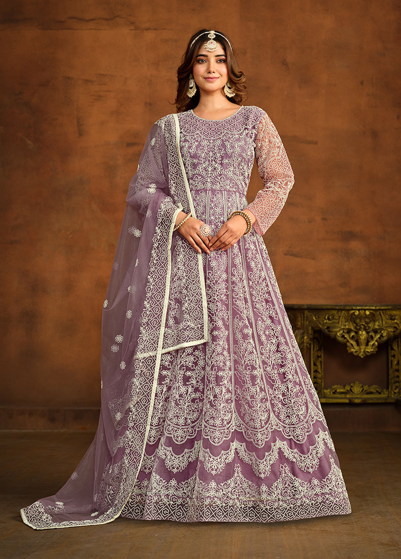 Monjolika Fashion Purple Net Ceremonial Floor Length Salwar Kameez | Grocsy