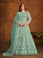 Monjolika Fashion Sky Blue Net Ceremonial Floor Length Salwar Kameez | Grocsy