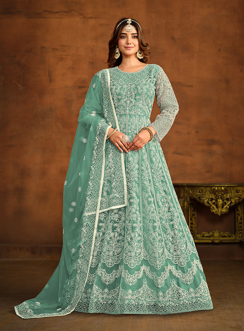 Monjolika Fashion Sky Blue Net Ceremonial Floor Length Salwar Kameez | Grocsy
