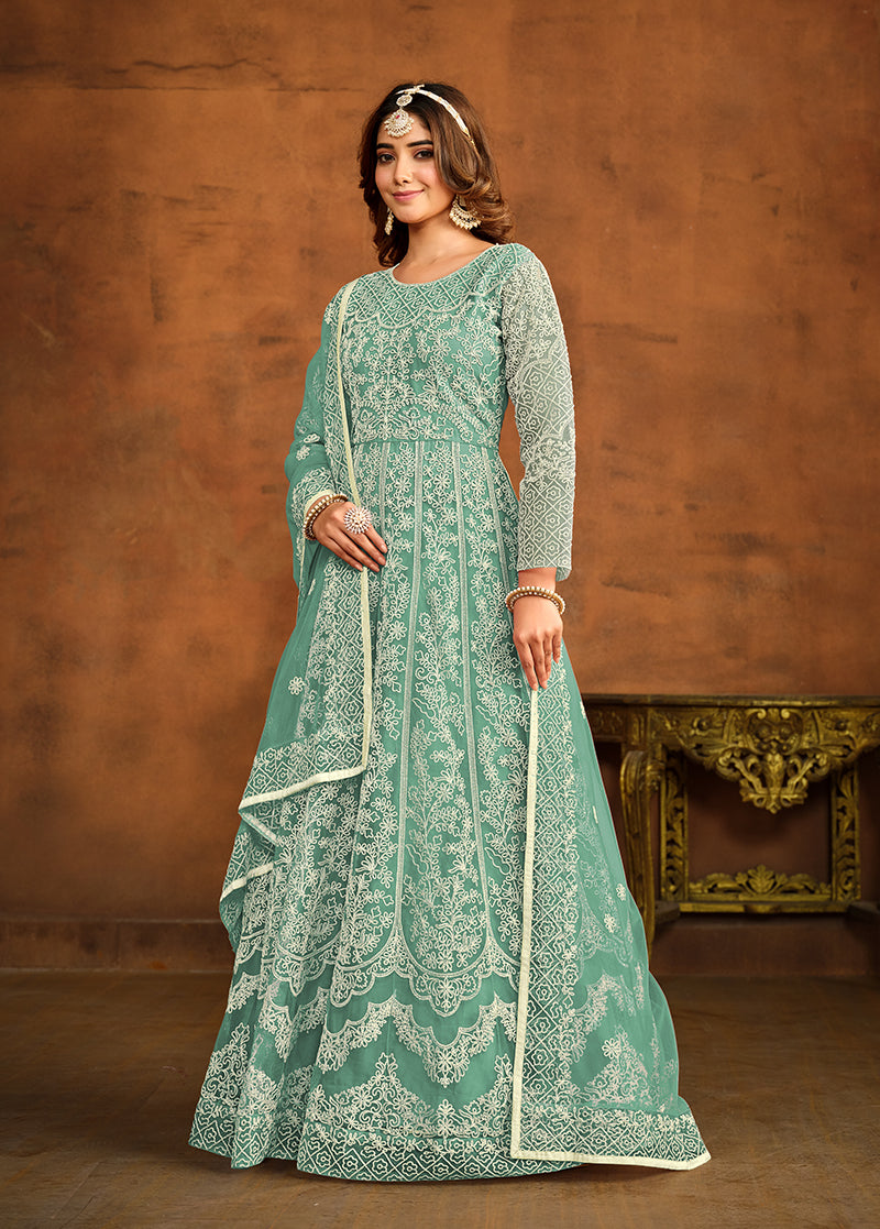 Monjolika Fashion Sky Blue Net Ceremonial Floor Length Salwar Kameez | Grocsy