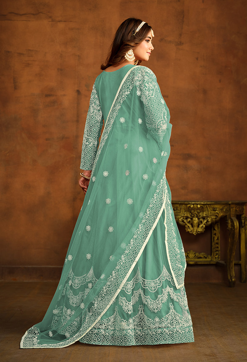 Monjolika Fashion Sky Blue Net Ceremonial Floor Length Salwar Kameez | Grocsy