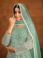 Monjolika Fashion Sky Blue Net Ceremonial Floor Length Salwar Kameez | Grocsy