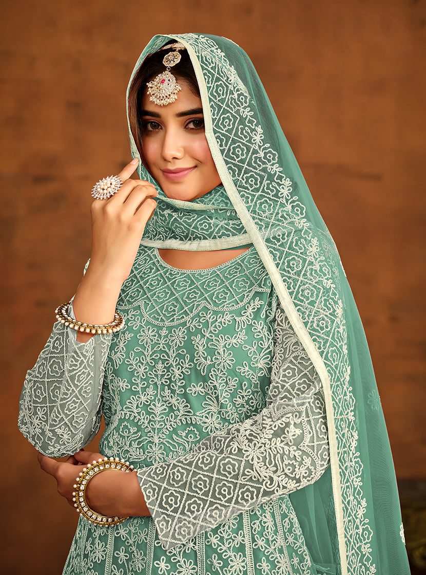 Monjolika Fashion Sky Blue Net Ceremonial Floor Length Salwar Kameez | Grocsy