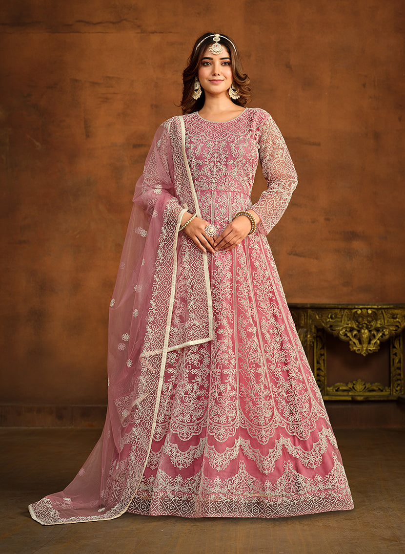 Monjolika Fashion Light Pink Net Ceremonial Floor Length Salwar Kameez | Grocsy
