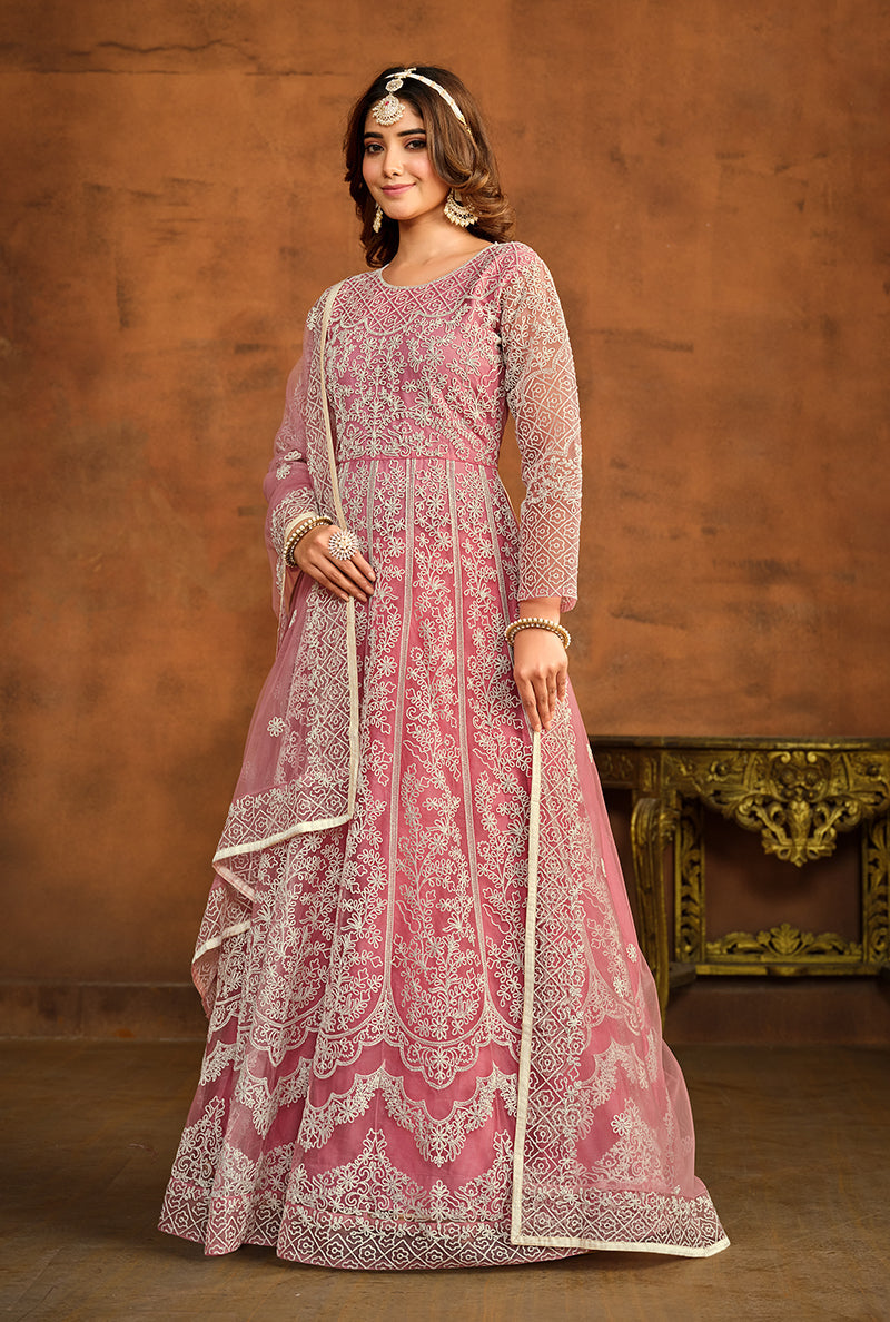 Monjolika Fashion Light Pink Net Ceremonial Floor Length Salwar Kameez | Grocsy