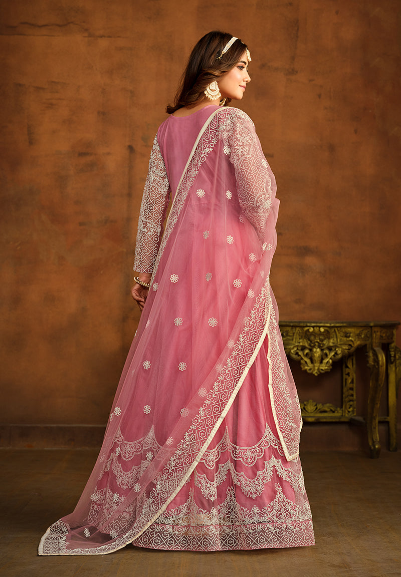Monjolika Fashion Light Pink Net Ceremonial Floor Length Salwar Kameez | Grocsy