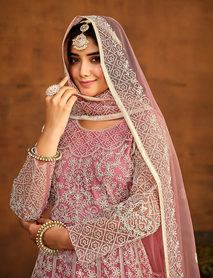 Monjolika Fashion Light Pink Net Ceremonial Floor Length Salwar Kameez | Grocsy