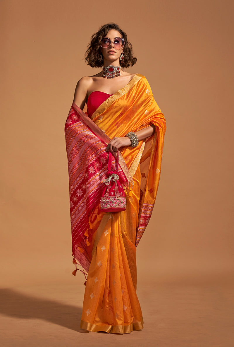 Monjolika Fashion Weaving Handloom Silk Classic Saree In Mustard | Grocsy