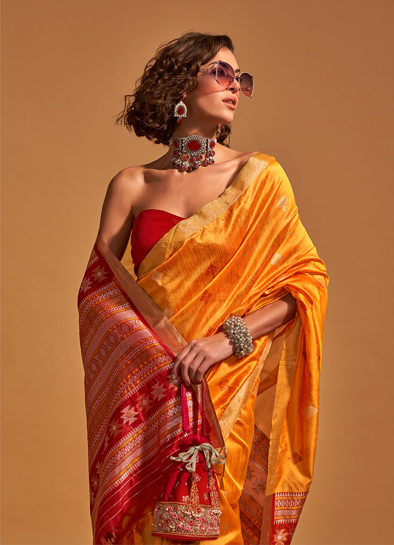 Monjolika Fashion Weaving Handloom Silk Classic Saree In Mustard | Grocsy