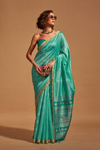 Monjolika Fashion Weaving Handloom Silk Classic Saree In Aqua Blue | Grocsy