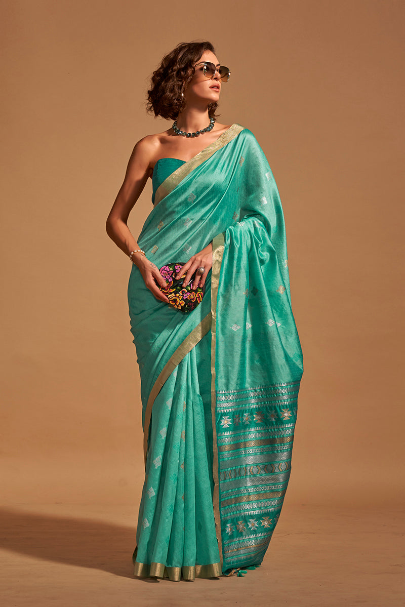 Monjolika Fashion Weaving Handloom Silk Classic Saree In Aqua Blue | Grocsy
