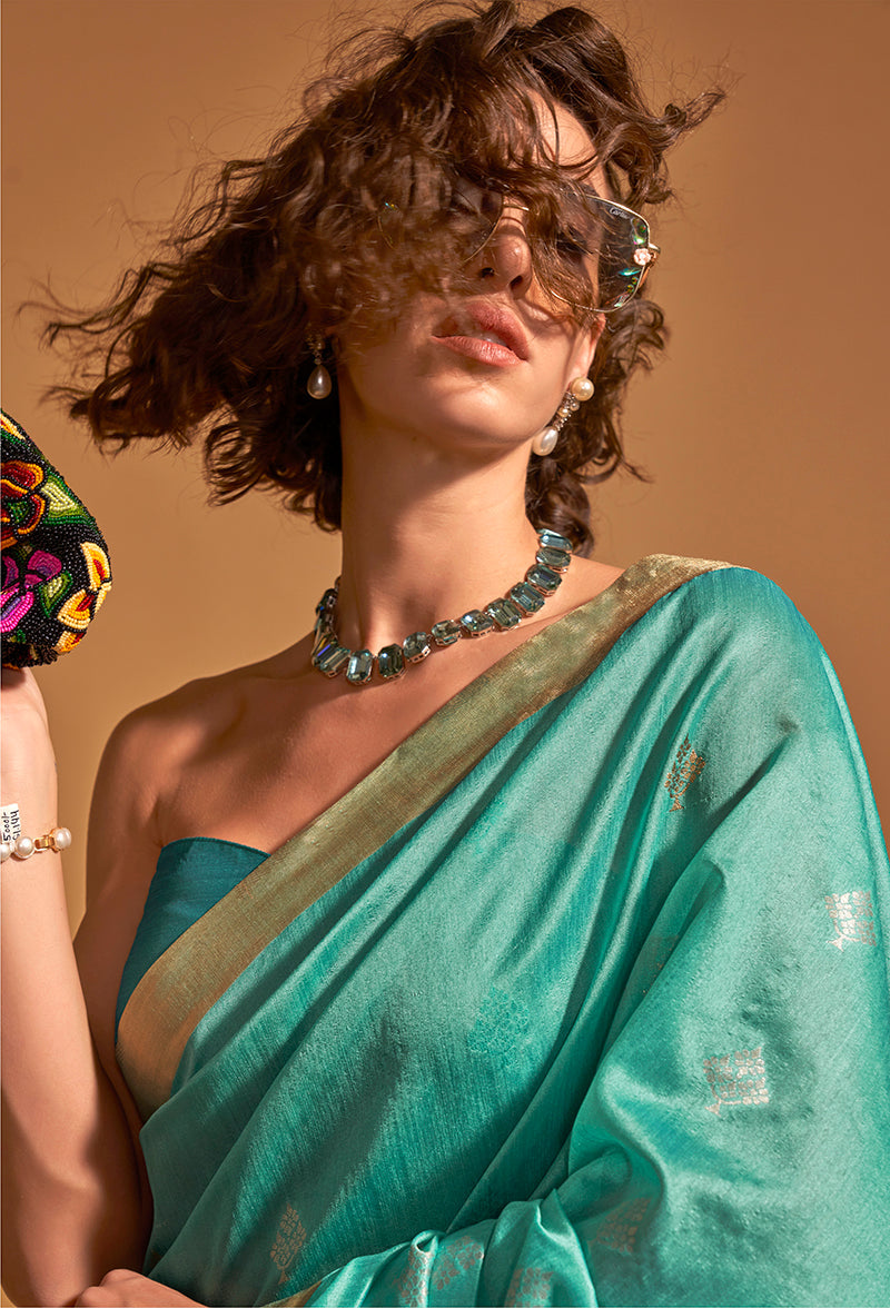Monjolika Fashion Weaving Handloom Silk Classic Saree In Aqua Blue | Grocsy