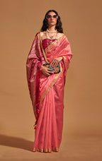 Monjolika Fashion Weaving Handloom Silk Classic Saree In Crimson | Grocsy