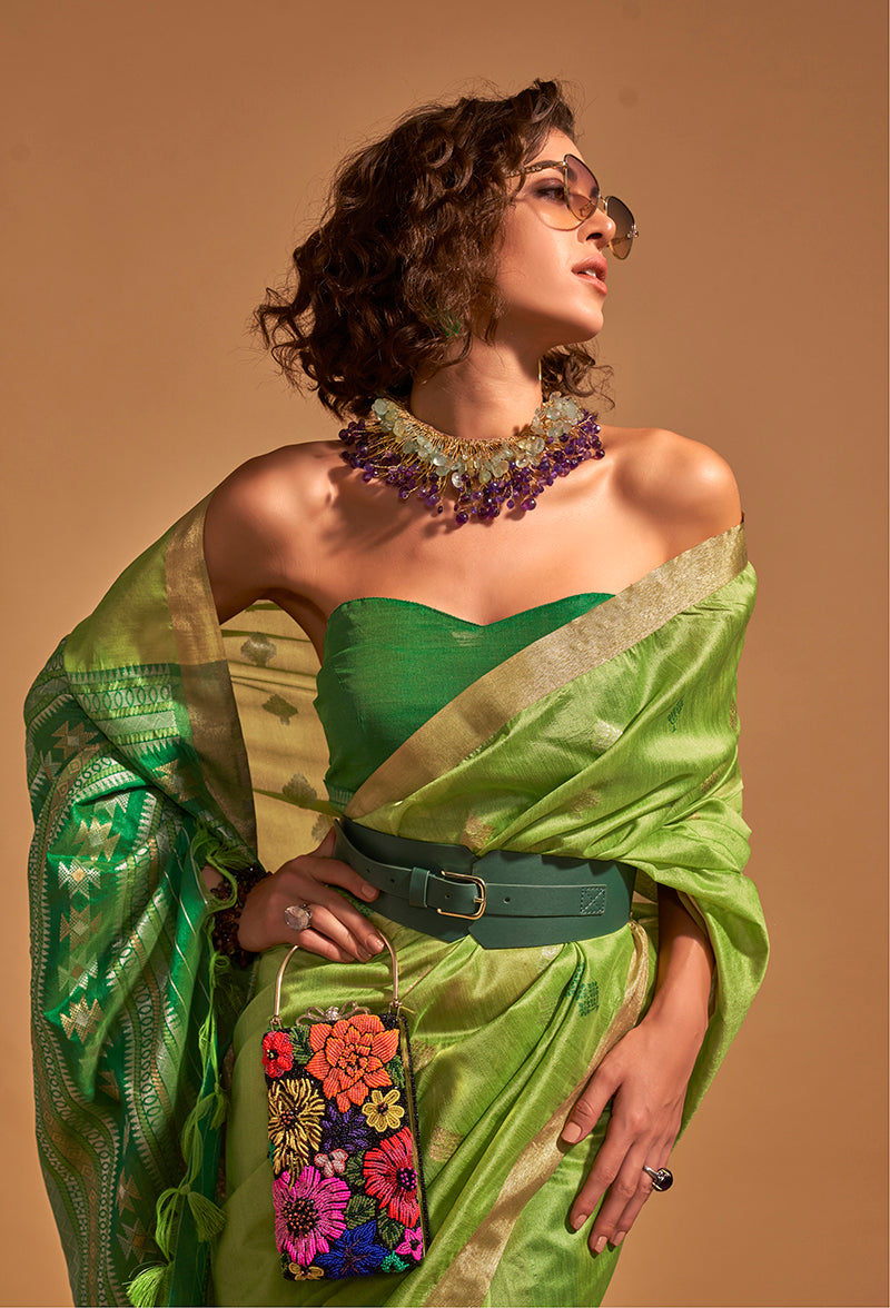 Monjolika Fashion Weaving Handloom Silk Classic Saree In Ligth Parrot Green | Grocsy