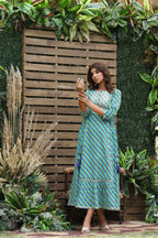 Juniper Women's Cotton Cambric Blue Printed Flared Festive Long Dress | Grocsy