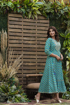 Juniper Women's Cotton Cambric Blue Printed Flared Festive Long Dress | Grocsy