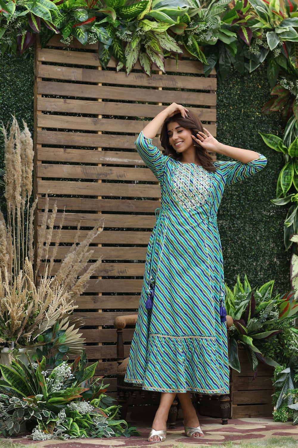 Juniper Women's Cotton Cambric Blue Printed Flared Festive Long Dress | Grocsy