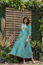 Juniper Women's Cotton Cambric Blue Printed Flared Festive Long Dress | Grocsy