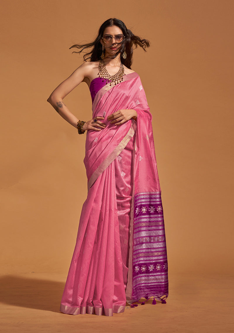 Monjolika Fashion Weaving Handloom Silk Classic Saree In Pink | Grocsy