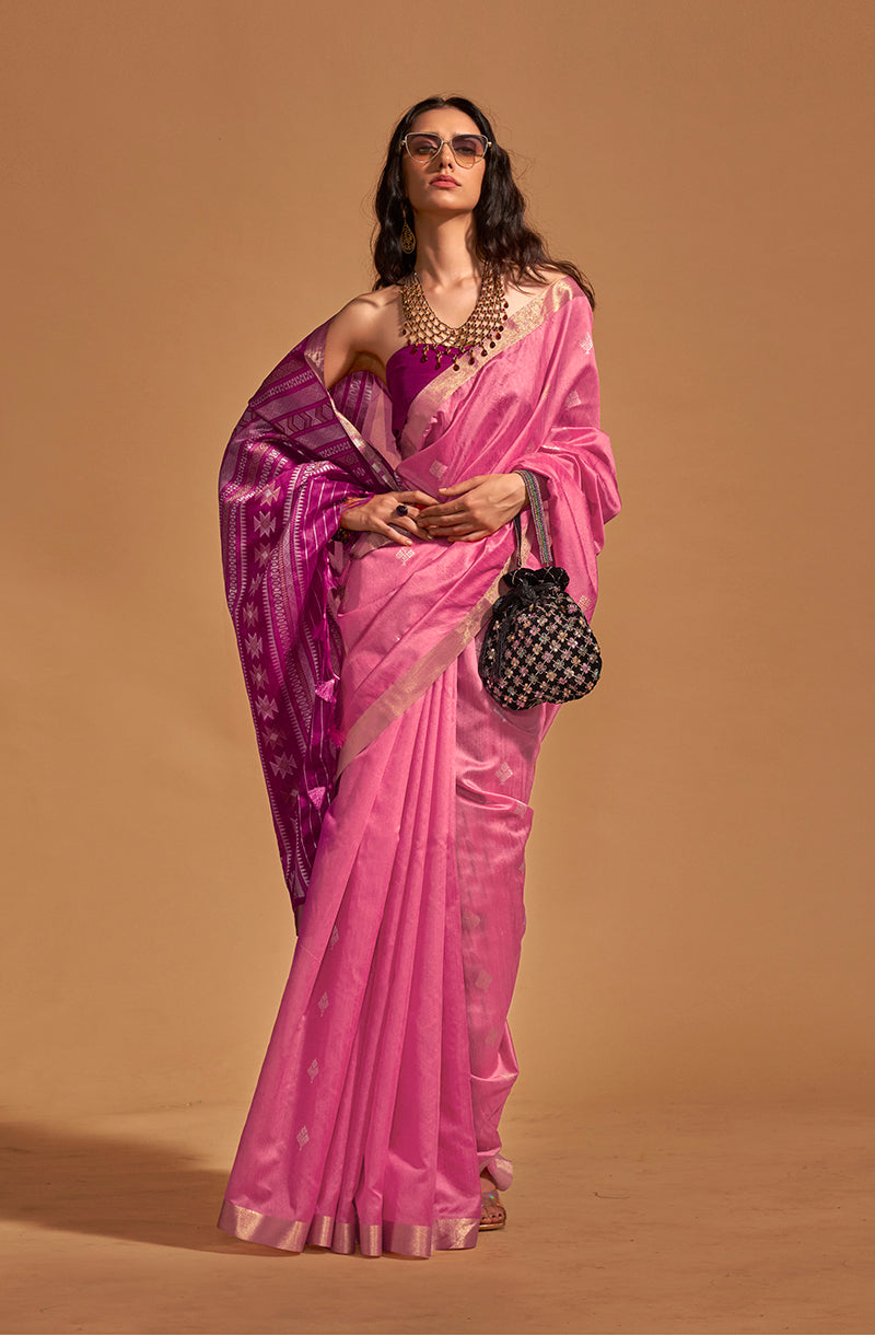 Monjolika Fashion Weaving Handloom Silk Classic Saree In Pink | Grocsy