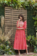 Juniper Women's Cotton Cambric Red Printed Flared Festive Long Dress | Grocsy