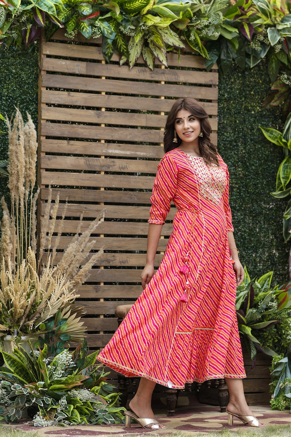 Juniper Women's Cotton Cambric Red Printed Flared Festive Long Dress | Grocsy