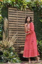 Juniper Women's Cotton Cambric Red Printed Flared Festive Long Dress | Grocsy