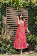 Juniper Women's Cotton Cambric Red Printed Flared Festive Long Dress | Grocsy
