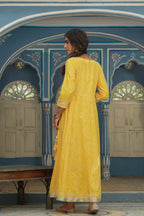 Juniper Women's Cotton Cambric Yellow Printed Embroidered Flared Festive Long Dress | Grocsy