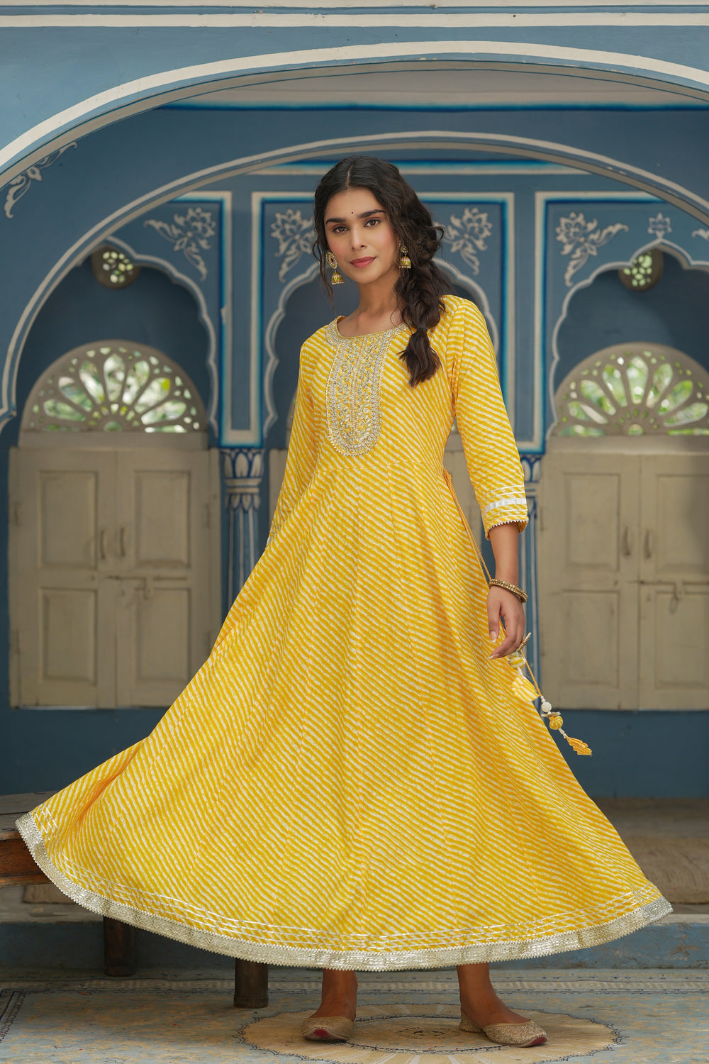 Juniper Women's Cotton Cambric Yellow Printed Embroidered Flared Festive Long Dress | Grocsy