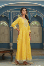 Juniper Women's Cotton Cambric Yellow Printed Embroidered Flared Festive Long Dress | Grocsy