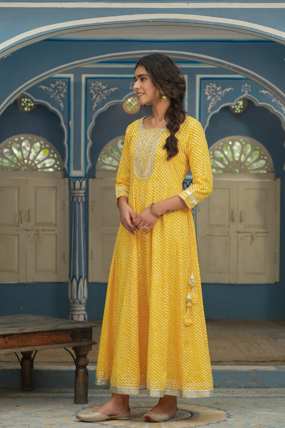 Juniper Women's Cotton Cambric Yellow Printed Embroidered Flared Festive Long Dress | Grocsy
