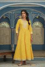 Juniper Women's Cotton Cambric Yellow Printed Embroidered Flared Festive Long Dress | Grocsy
