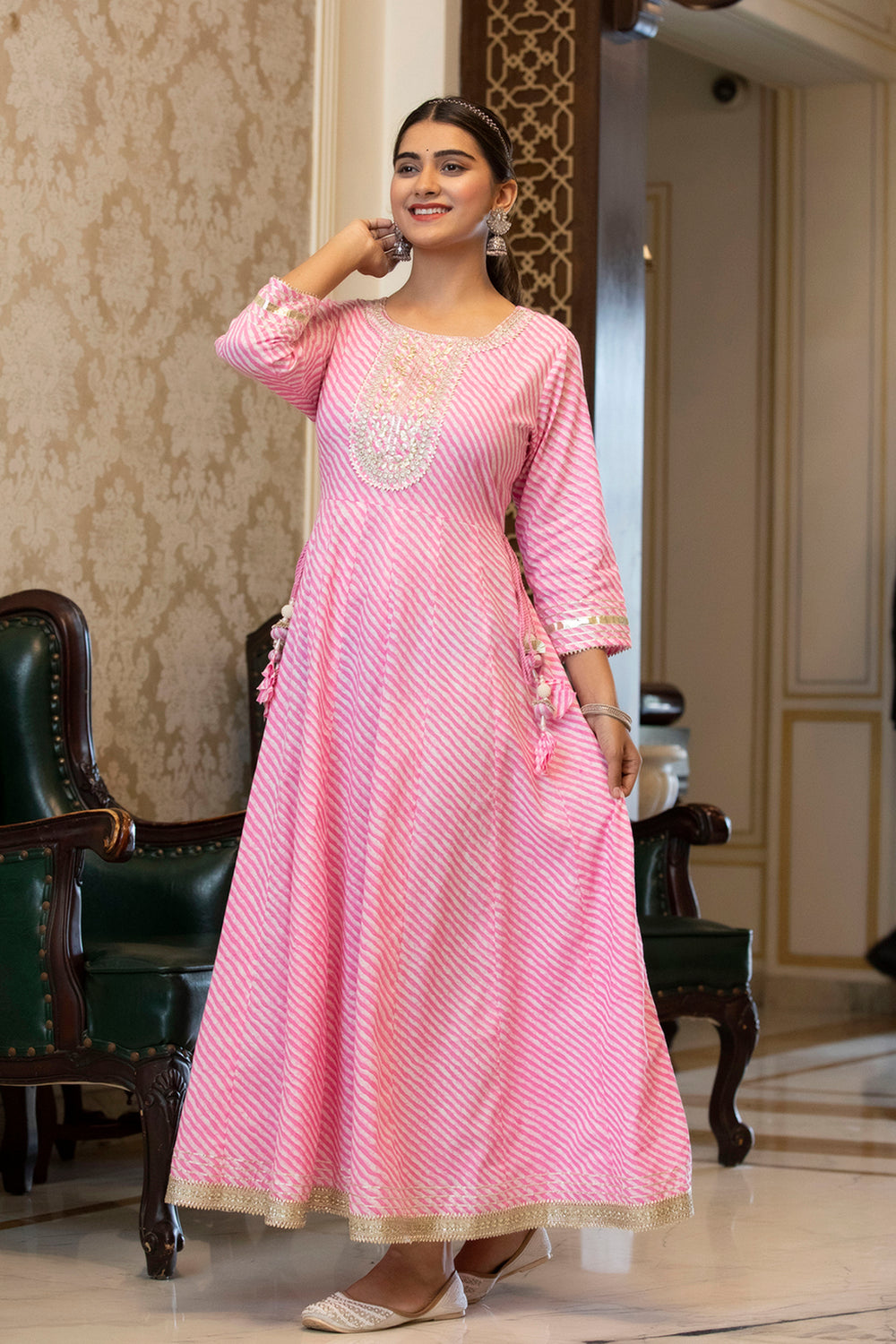 Juniper Women's Cotton Cambric Fuchsia Printed Embroidered Flared Festive Long Dress | Grocsy