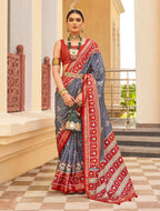 Monjolika Fashion Dark Grey Colour Sigma Silk Patola Printed Saree With Blouse | Grocsy