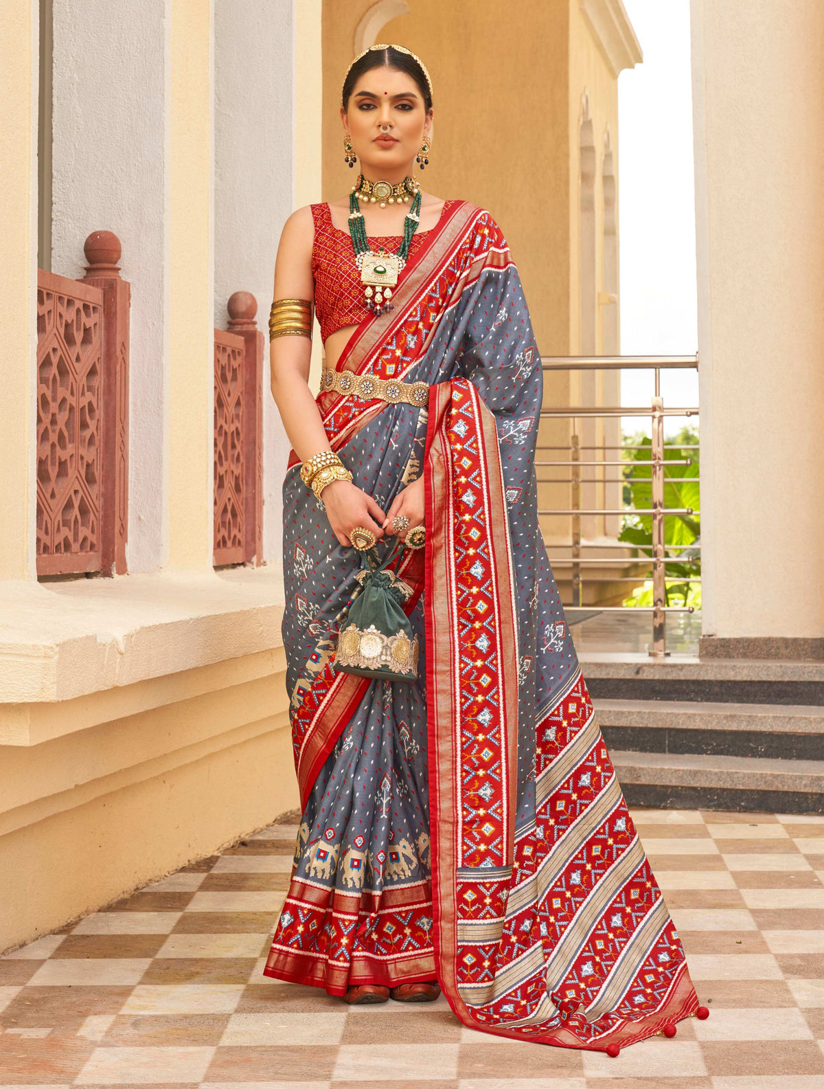 Monjolika Fashion Dark Grey Colour Sigma Silk Patola Printed Saree With Blouse | Grocsy