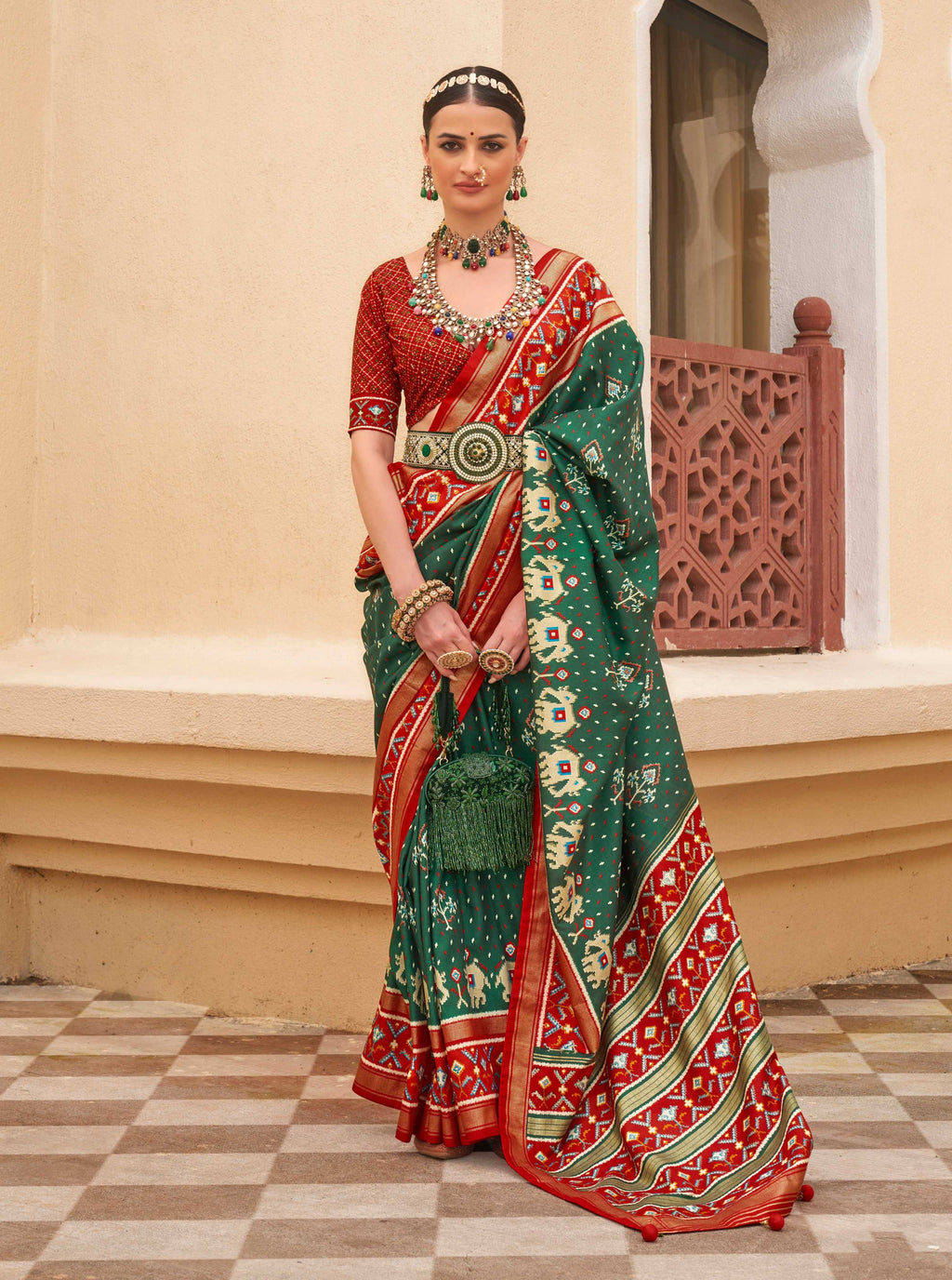 Monjolika Fashion Dark Green Colour Sigma Silk Patola Printed Saree With Blouse | Grocsy