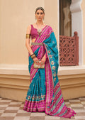 Monjolika Fashion Blue & Rani Colour Sigma Silk Patola Printed Saree With Blouse | Grocsy